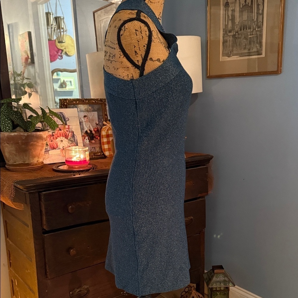 Sincerely Jules Metallic Teal Ribbed Halter Bodycon Mini Dress NWT Medium - Picture 4 of 14